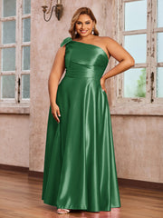 Robes Longues en Satin à Une Epaule avec Poches Emeraude Grande Taille