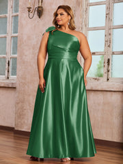 Robes Longues en Satin à Une Epaule avec Poches Emeraude Grande Taille