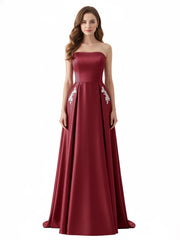 Robe Sans Bretelles Satin avec Perlée Poche Bordeaux