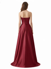 Robe Sans Bretelles Satin avec Perlée Poche Bordeaux