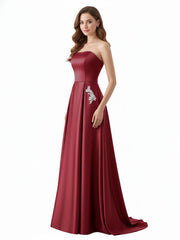 Robe Sans Bretelles Satin avec Perlée Poche Bordeaux