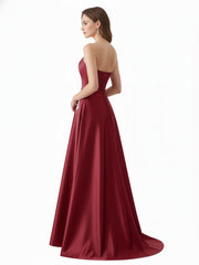 Robe Sans Bretelles Satin avec Perlée Poche Bordeaux