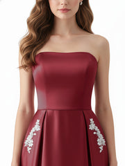 Robe Sans Bretelles Satin avec Perlée Poche Bordeaux