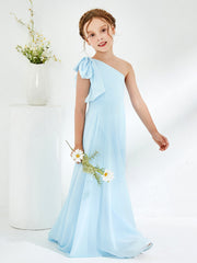 Robes de Demoiselle d'Honneur Junior à Une Épaule avec Plis Bleu Ciel