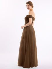 Hors De l'Épaule Col En Cœur Tulle Robe Brun