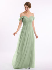 Hors De l'Épaule Col En Cœur Tulle Robe Sauge Poudrée