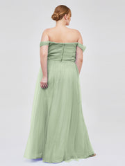 Hors De l'Épaule Col En Cœur Tulle Robe Sauge Poudrée Grande Taille