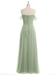 Hors De l'Épaule Col En Cœur Tulle Robe Sauge Poudrée