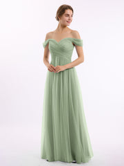 Hors De l'Épaule Col En Cœur Tulle Robe Sauge Poudrée
