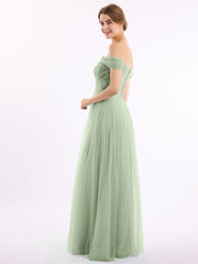 Hors De l'Épaule Col En Cœur Tulle Robe Sauge Poudrée