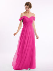 Hors De l'Épaule Col En Cœur Tulle Robe Fuchsia