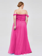 Hors De l'Épaule Col En Cœur Tulle Robe Fuchsia Grande Taille