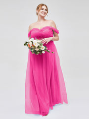 Hors De l'Épaule Col En Cœur Tulle Robe Fuchsia