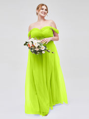 Hors De l'Épaule Col En Cœur Tulle Robe Vert Citron