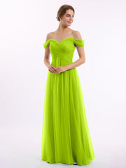 Hors De l'Épaule Col En Cœur Tulle Robe Vert Citron