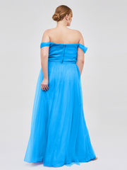 Hors De l'Épaule Col En Cœur Tulle Robe Bleu Océan Grande Taille