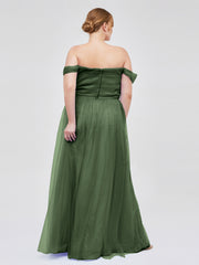 Hors De l'Épaule Col En Cœur Tulle Robe Olive Verte