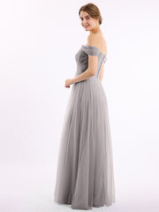 Hors De l'Épaule Col En Cœur Tulle Robe Argent