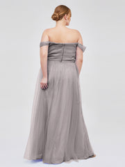 Hors De l'Épaule Col En Cœur Tulle Robe Argent
