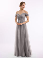 Hors De l'Épaule Col En Cœur Tulle Robe Argent