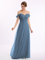 Hors De l'Épaule Col En Cœur Tulle Robe Bleu de Schiste