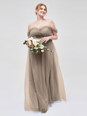 Hors De l'Épaule Col En Cœur Tulle Robe Taupe Grande Taille