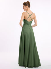 Spaghetti Bretelle Col En V Mousseline Robes Olive Verte