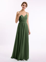 Mousseline Robes De Demoiselle d'Honneur Avec Spaghetti Bretelles Olive Verte