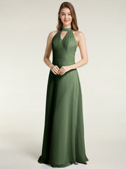 Licou Mousseline Robes Longues De Demoiselle d'Honneur Avec Dos Bas Olive Verte