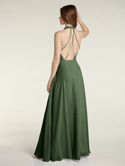 Licou Mousseline Robes Longues De Demoiselle d'Honneur Avec Dos Bas Olive Verte Grande Taille