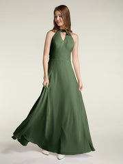Licou Mousseline Robes Longues De Demoiselle d'Honneur Avec Dos Bas Olive Verte