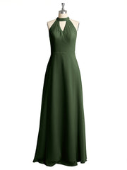 Licou Mousseline Robes Longues De Demoiselle d'Honneur Avec Dos Bas Olive Verte