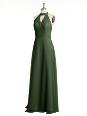 Licou Mousseline Robes Longues De Demoiselle d'Honneur Avec Dos Bas Olive Verte Grande Taille