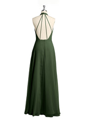 Licou Mousseline Robes Longues De Demoiselle d'Honneur Avec Dos Bas Olive Verte