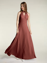 Licou Mousseline Robes Longues De Demoiselle d'Honneur Avec Dos Bas terracotta Grande Taille