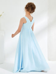 Robes de Demoiselle d'Honneur Junior Plissées à Col en V Bleu Ciel