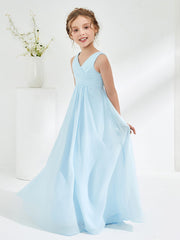 Robes de Demoiselle d'Honneur Junior Plissées à Col en V Bleu Ciel
