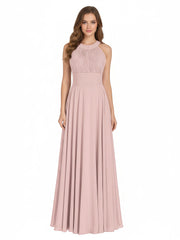 Robe Demoiselle d'honneur Col en Licou Dos Nu Mousseline Rose Poudré