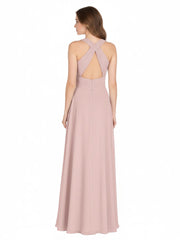 Robe Demoiselle d'honneur Col en Licou Dos Nu Mousseline Rose Poudré