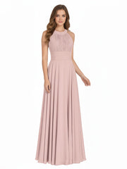 Robe Demoiselle d'honneur Col en Licou Dos Nu Mousseline Rose Poudré