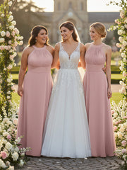 Robe Demoiselle d'honneur Col en Licou Dos Nu Mousseline Rose Poudré