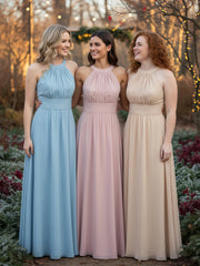 Robe Demoiselle d'honneur Col en Licou Dos Nu Mousseline Rose Poudré