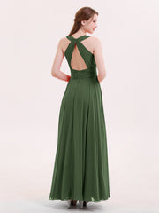 Robe Demoiselle d'honneur Col en Licou Dos Nu Mousseline Olive Verte Grande Taille