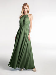 Robe Longue en Mousseline à Col Licou avec Jupe Circulaire Olive Verte
