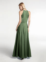 Robe Longue en Mousseline à Col Licou avec Jupe Circulaire Olive Verte