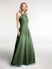 Robe Longue en Mousseline à Col Licou avec Jupe Circulaire Olive Verte