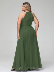 Robe Longue en Mousseline à Col Licou avec Jupe Circulaire Olive Verte Grande Taille