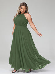 Robe Longue en Mousseline à Col Licou avec Jupe Circulaire Olive Verte Grande Taille