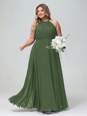 Robe Longue en Mousseline à Col Licou avec Jupe Circulaire Olive Verte Grande Taille