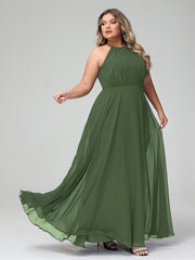 Robe Longue en Mousseline à Col Licou avec Jupe Circulaire Olive Verte Grande Taille